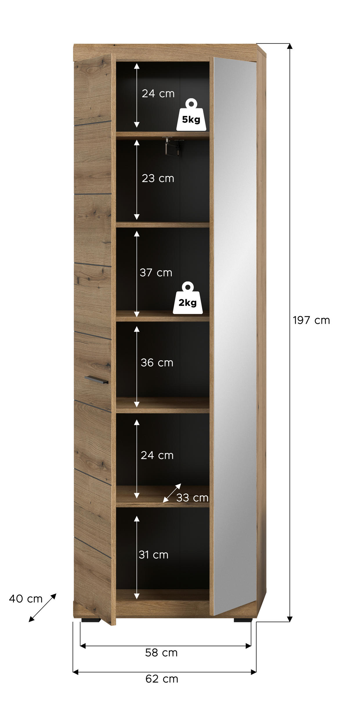 GARDEROBENSCHRANK  in 62/197/37 cm  - Eiche dunkel/Anthrazit, Design, Glas/Holzwerkstoff (62/197/37cm) - Livetastic