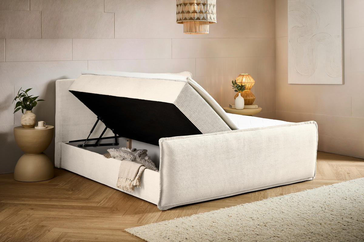 BOXBETT 180/200 cm,  in Beige, Kissen, Bettkasten, Topper, H3 + H3 = fest  - Beige/Schwarz, Design, Kunststoff/Textil (180/200cm) - Chameo