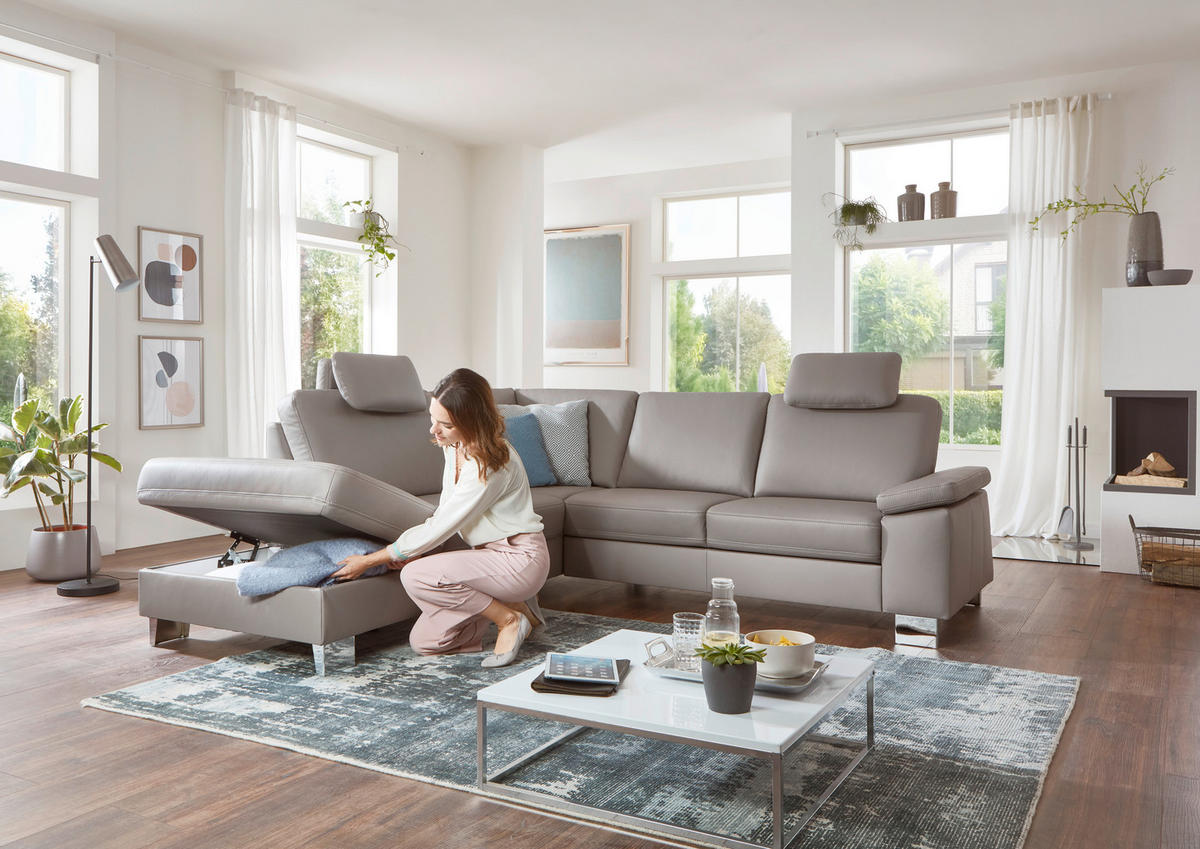 ECKSOFA in Echtleder Grau  235/248 cm  - Beige/Alufarben, Design, Leder/Metall (235/248cm) - Beldomo Premium