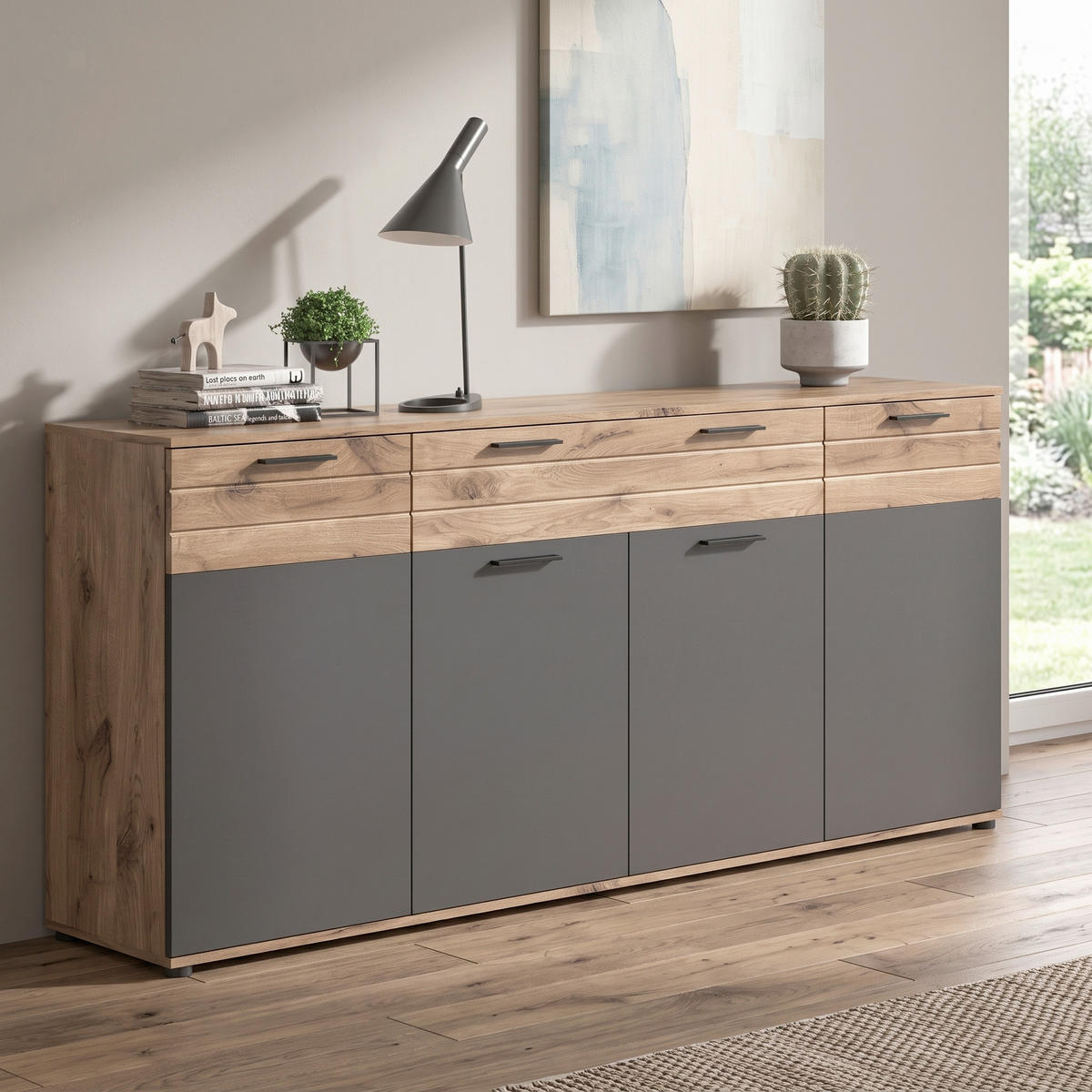 SIDEBOARD  200/91/40 cm 2 Schublade(n)  - Schwarz/Grau, KONVENTIONELL, Holzwerkstoff/Kunststoff (200/91/40cm) - MID.YOU