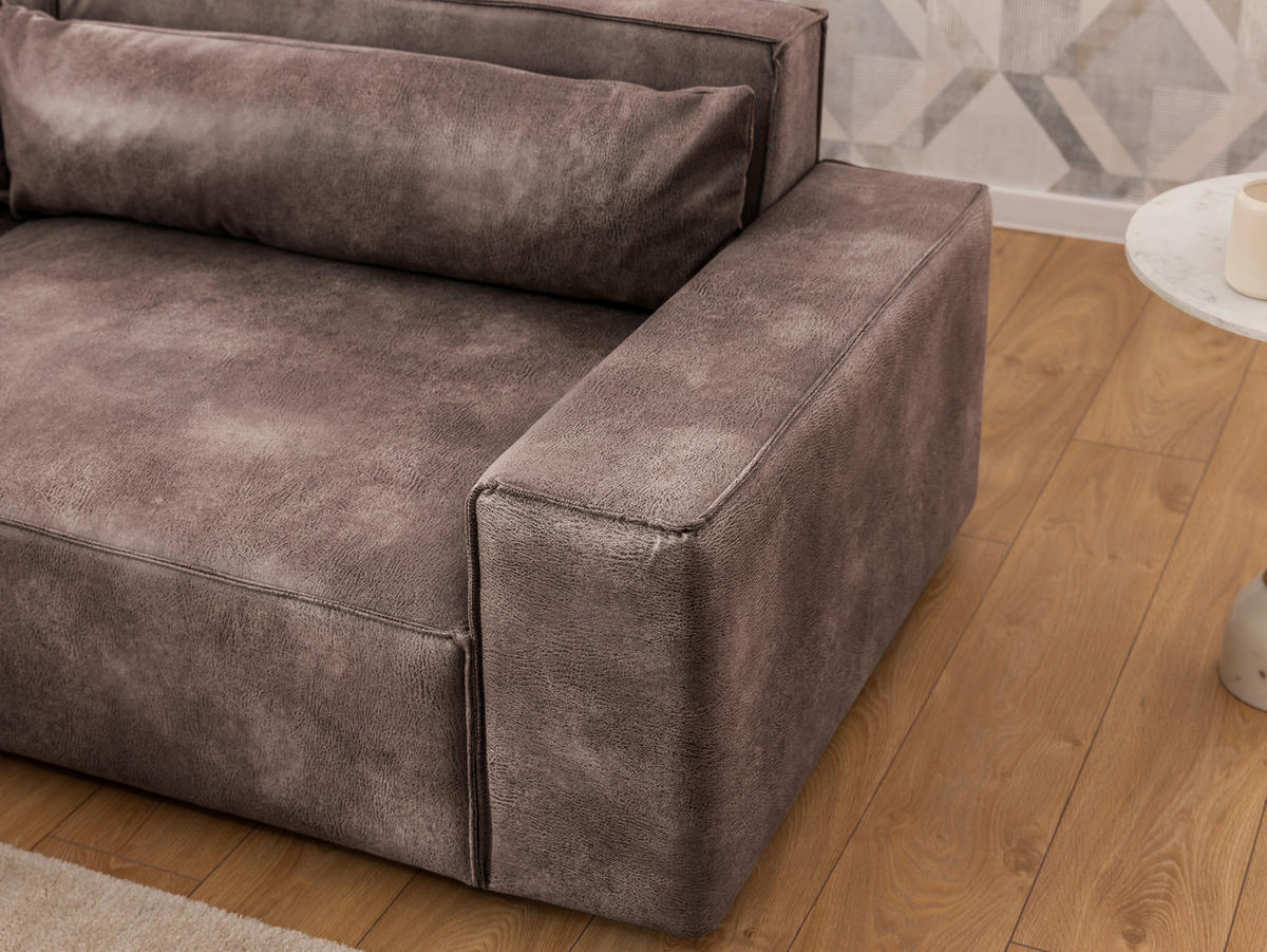 ECKSOFA Curduroy in Lederlook Graubraun Rückenkissen  251/142 cm  - Graubraun/Schwarz, Design, Kunststoff/Textil (251/142cm) - P & B