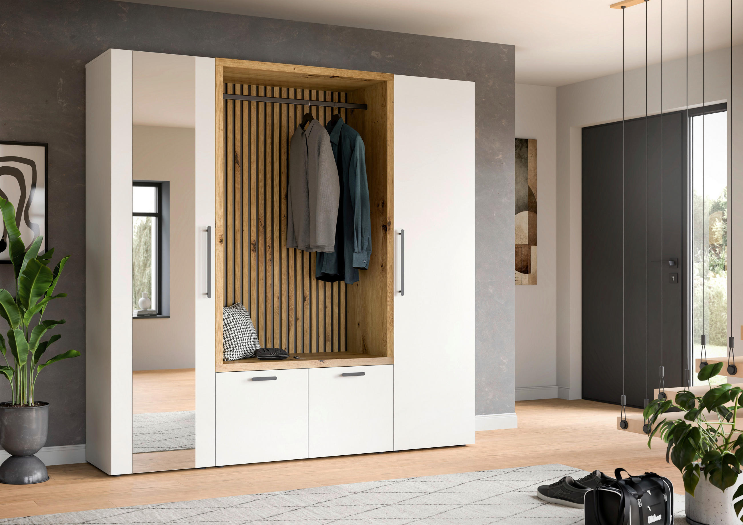 GARDEROBE  in 216/200/47 cm  - Weiß/Eiche Artisan, MODERN, Glas/Holzwerkstoff (216/200/47cm) - Voleo