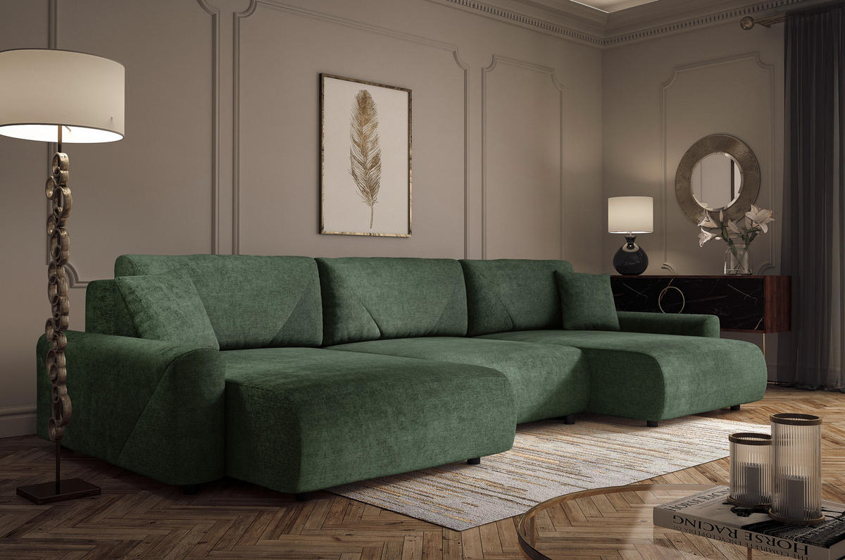 Wohnlandschaft inkl.Funktionen Grün Webstoff  - Schwarz/Grün, MODERN, Kunststoff/Textil (168/337/168cm) - Stylife