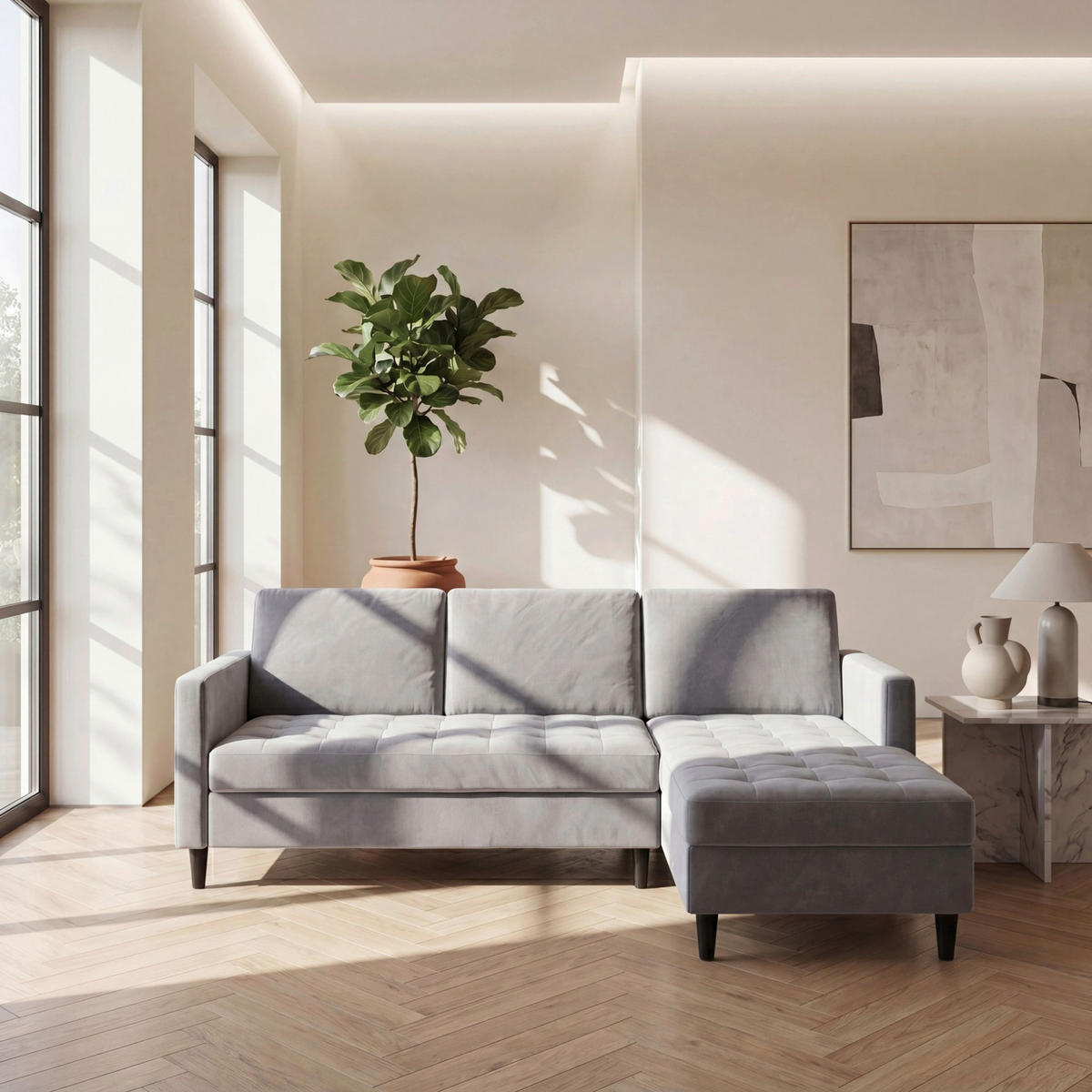 ECKSOFA PALERMO Grau Velours Schlaffunktion, Stauraum  - Schwarz/Grau, Basics, Kunststoff/Textil (213/154cm) - Livetastic