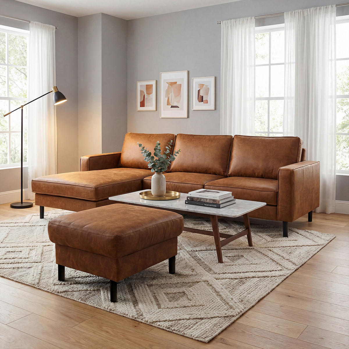 ECKSOFA Hellbraun Echtleder Lederlook Rücken echt  - Hellbraun, Design, Leder/Textil (166/238cm) - Livetastic