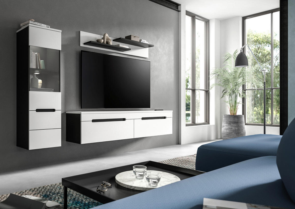 WOHNWAND 3-teilig  in Weiß  221/141/33 cm  - Schwarz/Weiß, Design, Holzwerkstoff/Kunststoff (221/141/33cm) - Livetastic