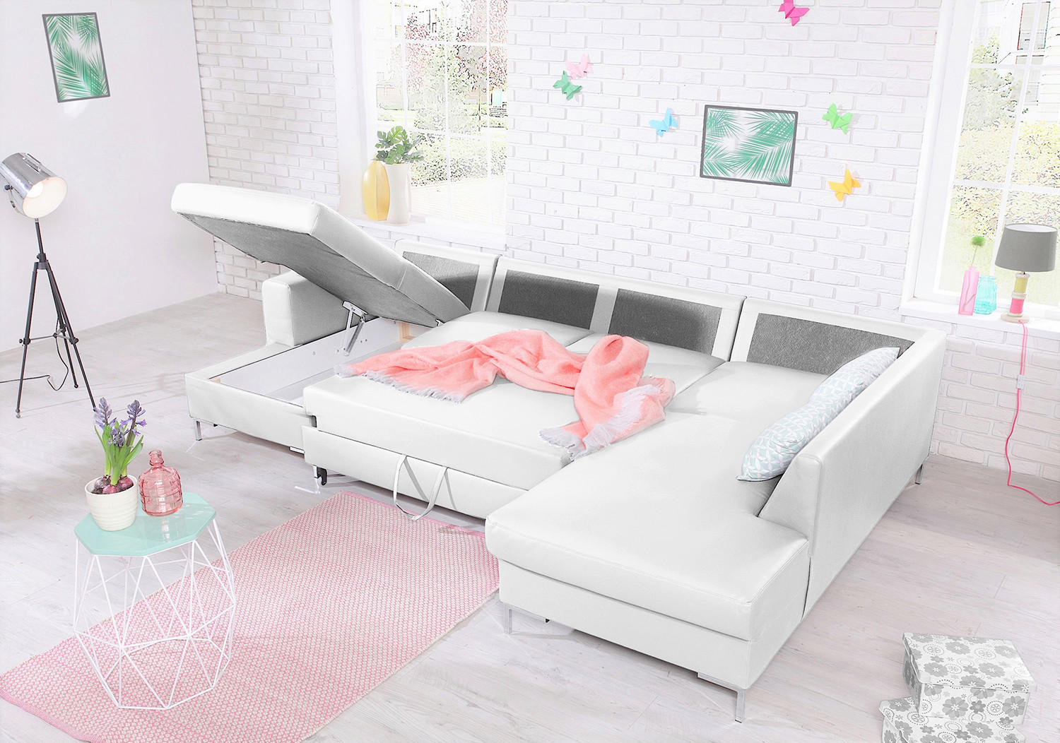 Thumbnail - Mid.you Wohnlandschaft, Weiß, Leder, Lederlook, Uni, 8-Sitzer, Füllung: Schaumstoffflocken, U-Form, 303x197 cm, Made in ...