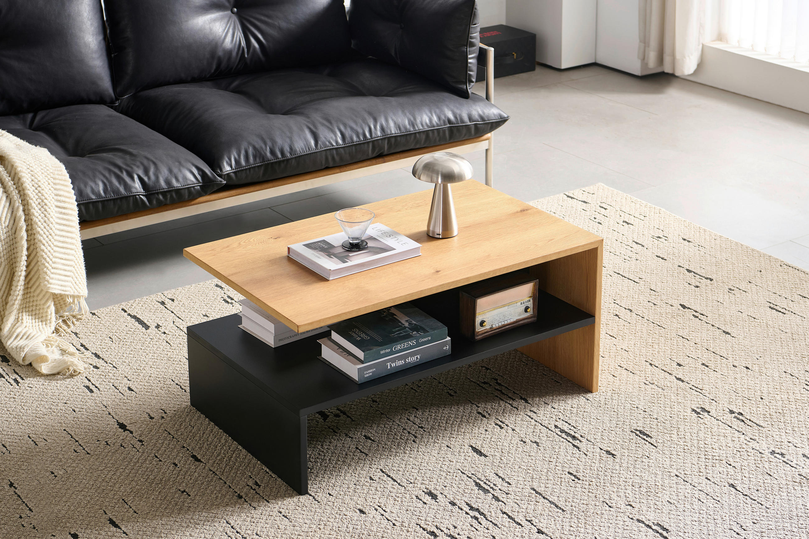 Thumbnail - Carryhome Couchtisch, Schwarz, Eiche, Holz, Holzwerkstoff, Eiche, furniert, rechteckig, Wange, 55x42.5x90 cm, einfacher ...