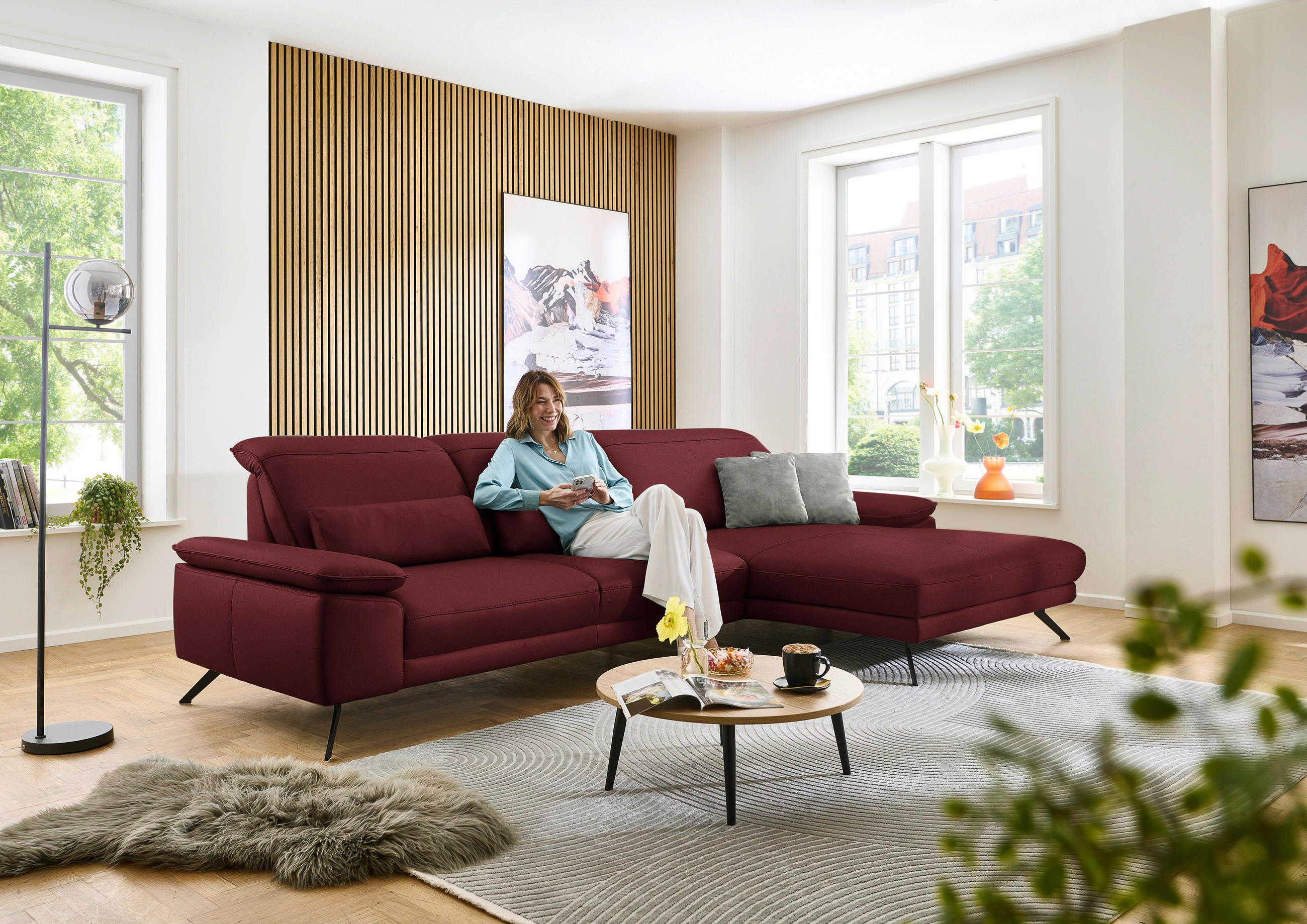 ECKSOFA in Echtleder Rot  - Rot/Schwarz, Design, Leder/Metall (332/193cm) - Dieter Knoll