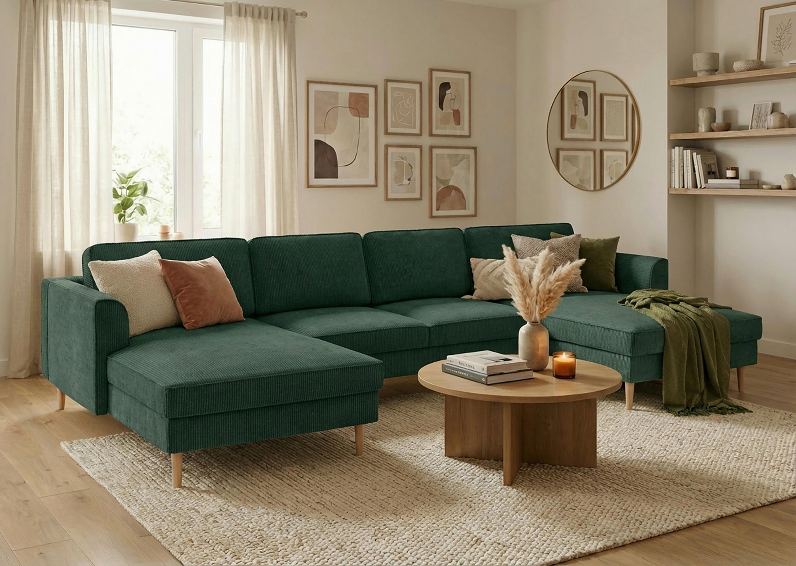 WOHNLANDSCHAFT Dunkelgrün Cord  - Dunkelgrün/Buchefarben, MODERN, Holz/Textil (161/306/161cm) - Trendmanufaktur