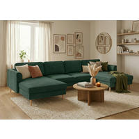 WOHNLANDSCHAFT Cord Dunkelgrün  - Dunkelgrün/Buchefarben, Modern, Holz/Textil (161/306/161cm) - Trendmanufaktur