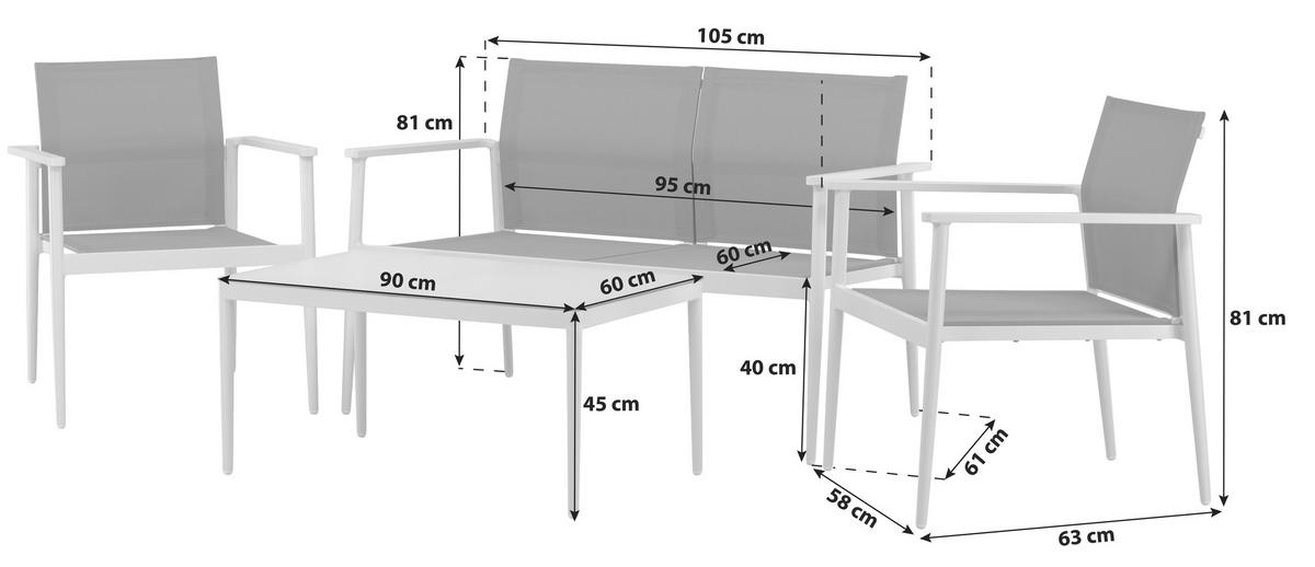 LOUNGEGARNITUR 4-teilig   Aluminium  - Weiß/Grau, KONVENTIONELL, Glas/Textil - Gardenson
