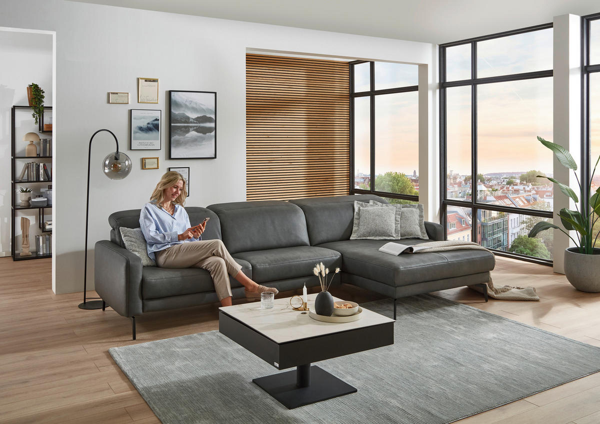 ECKSOFA  in Echtleder Anthrazit  323/179 cm  - Anthrazit/Schwarz, Design, Leder/Metall (323/179cm) - Dieter Knoll