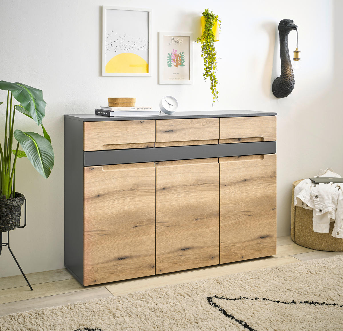 KOMODA, antracit, barve hrasta  - črna/barve hrasta, Design, umetna masa/leseni material (125/86/38cm) - MID.YOU