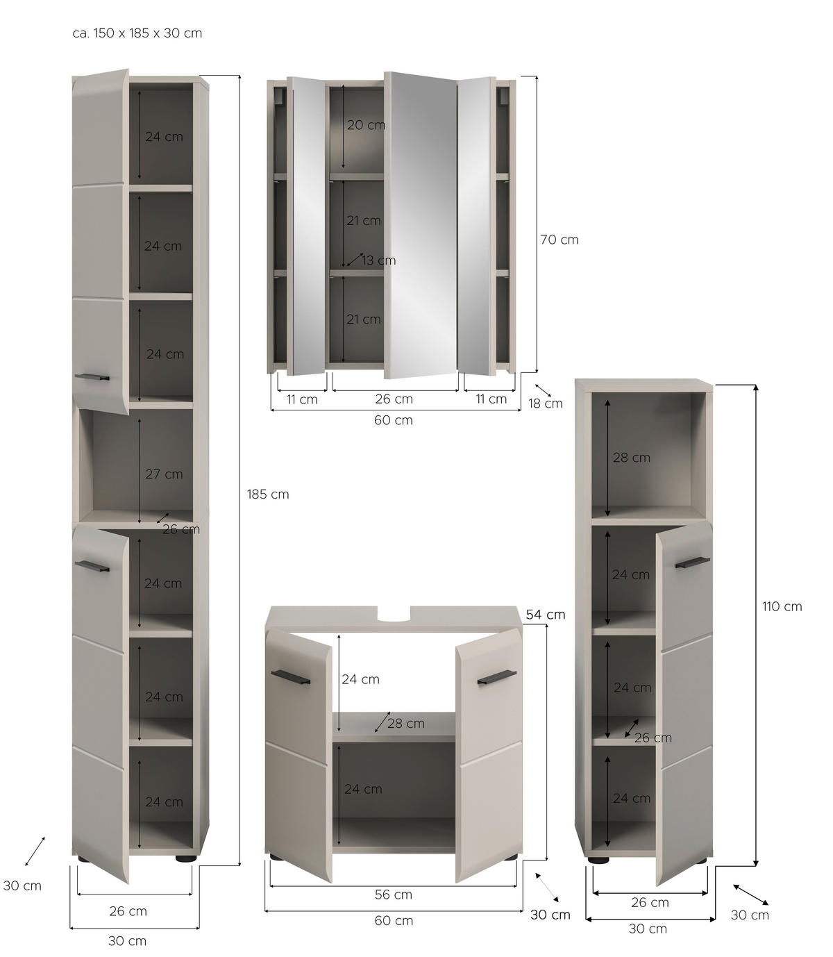 BADEZIMMER 4-teilig 120 cm  - Kaschmir/Schwarz, Trend, Glas/Holzwerkstoff (120cm) - MID.YOU