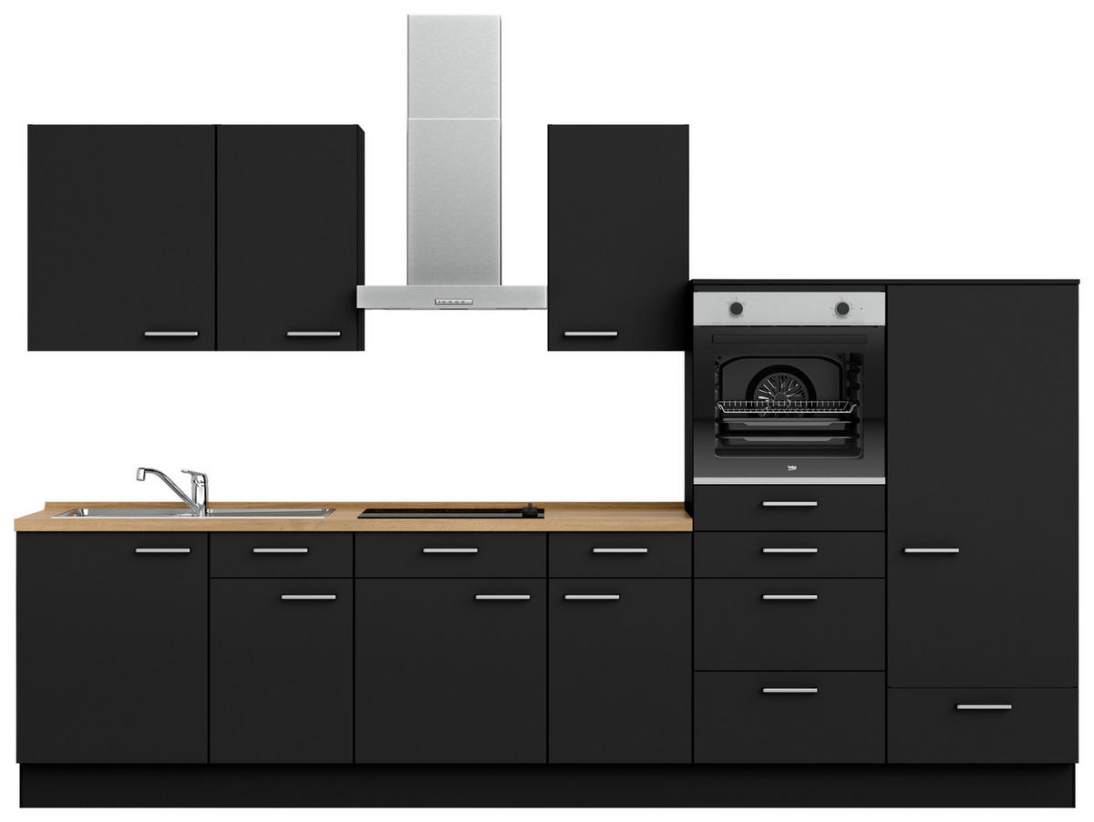 KÜCHENLEERBLOCK 330 cm   in Schwarz, Eichefarben  - Edelstahlfarben/Eichefarben, MODERN, Holzwerkstoff/Metall (330cm) - Nobilia