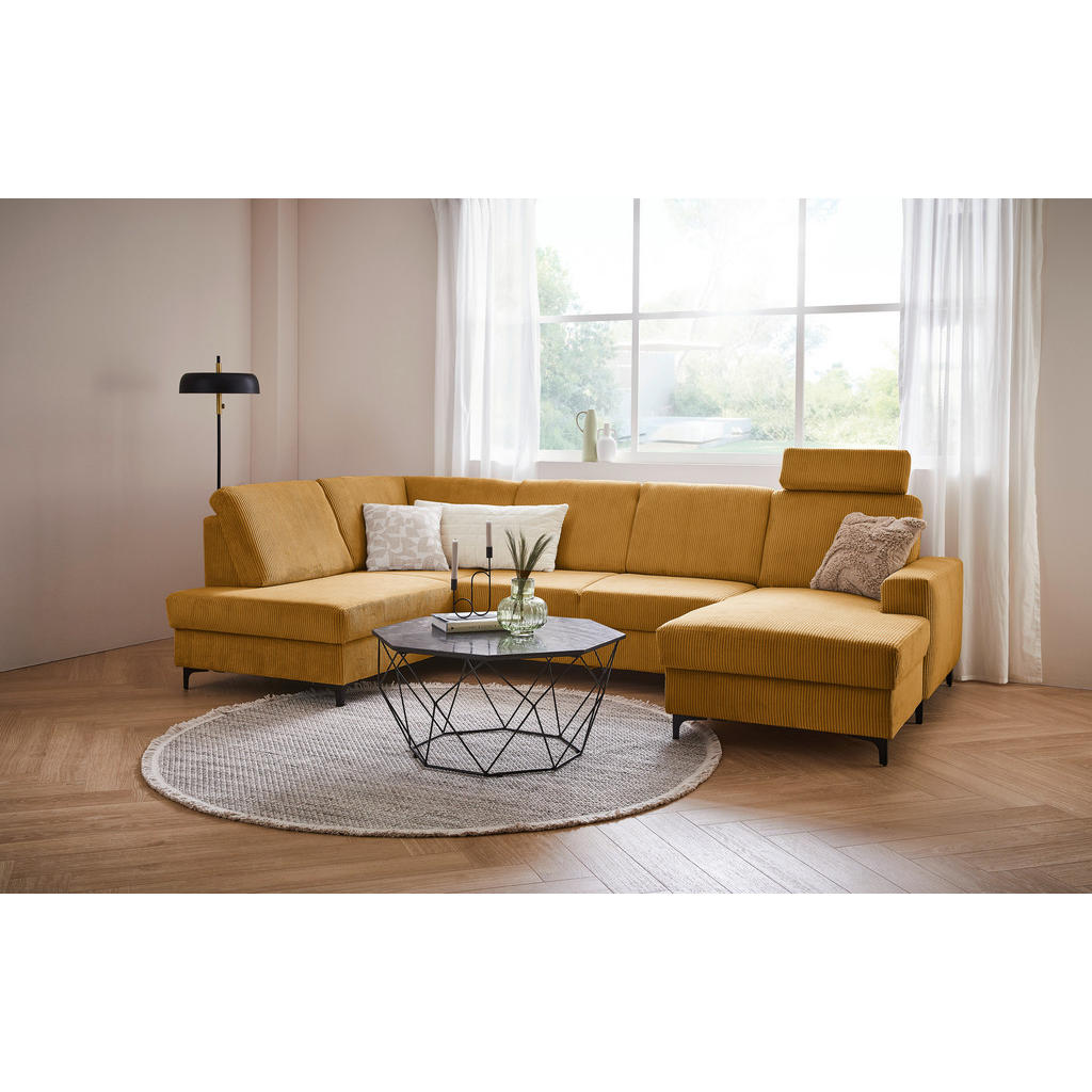 Thumbnail - Stylife Wohnlandschaft, Senfgelb, Textil, 4-Sitzer, Ottomane links, U-Form, 317x185 cm, Made in EU, Rücken echt, Wohnzim...