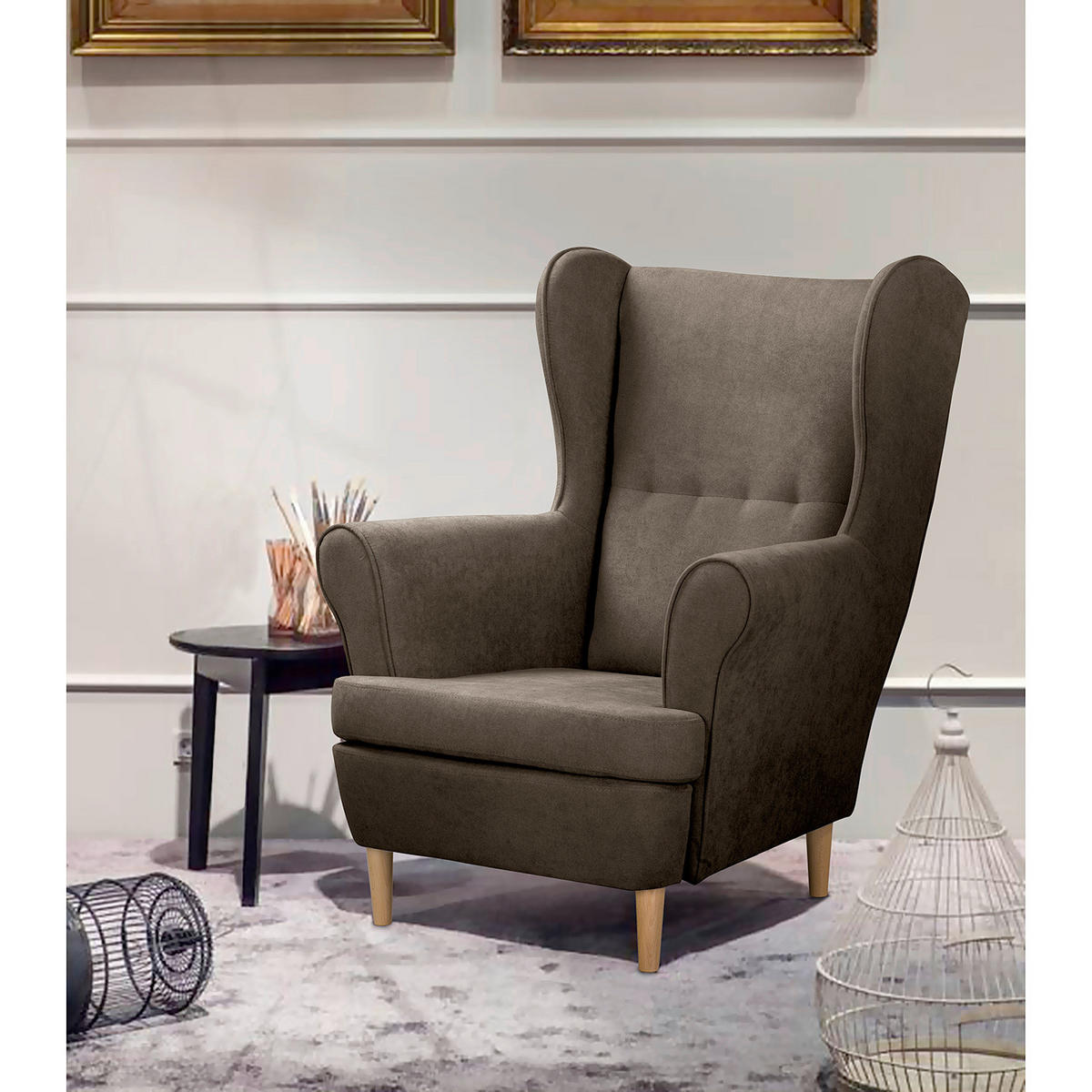 OHRENSESSEL Scandi Mikrofaser Schlammfarben  - Schlammfarben/Naturfarben, Design, Holz/Textil (87/105/90cm) - Livetastic