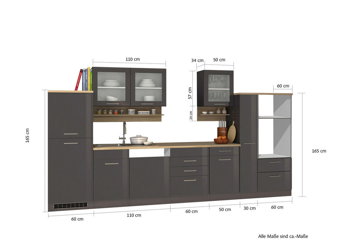 KÜCHENLEERBLOCK 370 cm   in Graphitfarben  - Silberfarben/Graphitfarben, MODERN, Glas/Holzwerkstoff (370cm) - Held
