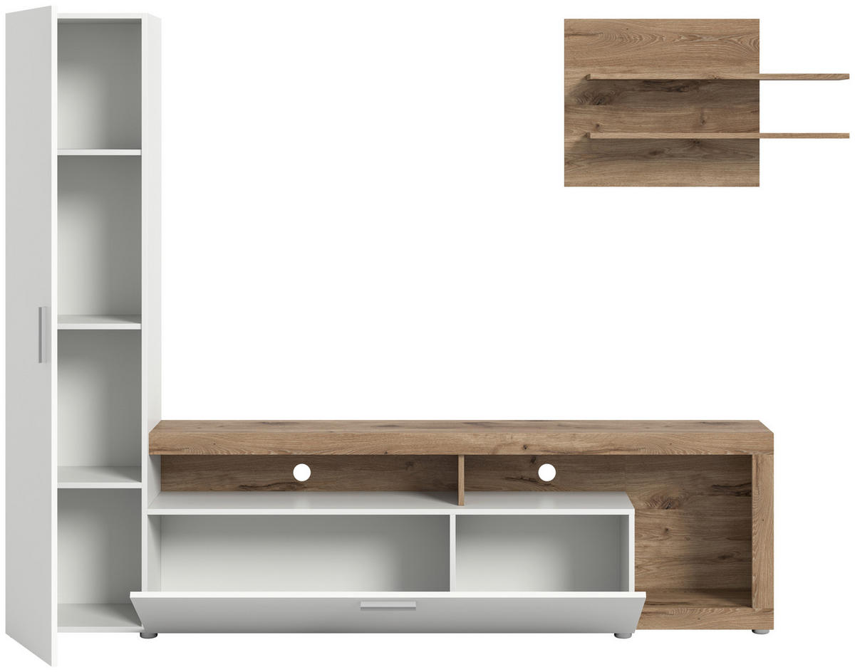 WOHNWAND Cross 3-teilig  in Weiß, Eichefarben  218/178/31 cm  - Eichefarben/Schwarz, Design, Holzwerkstoff/Kunststoff (218/178/31cm) - Livetastic