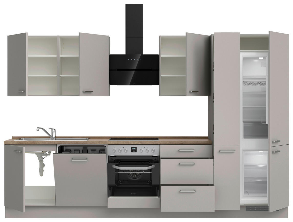 KÜCHENBLOCK 330 cm   in Grau, Eiche dunkel  - Eiche dunkel/Edelstahlfarben, MODERN, Holzwerkstoff/Metall (330cm) - Nobilia