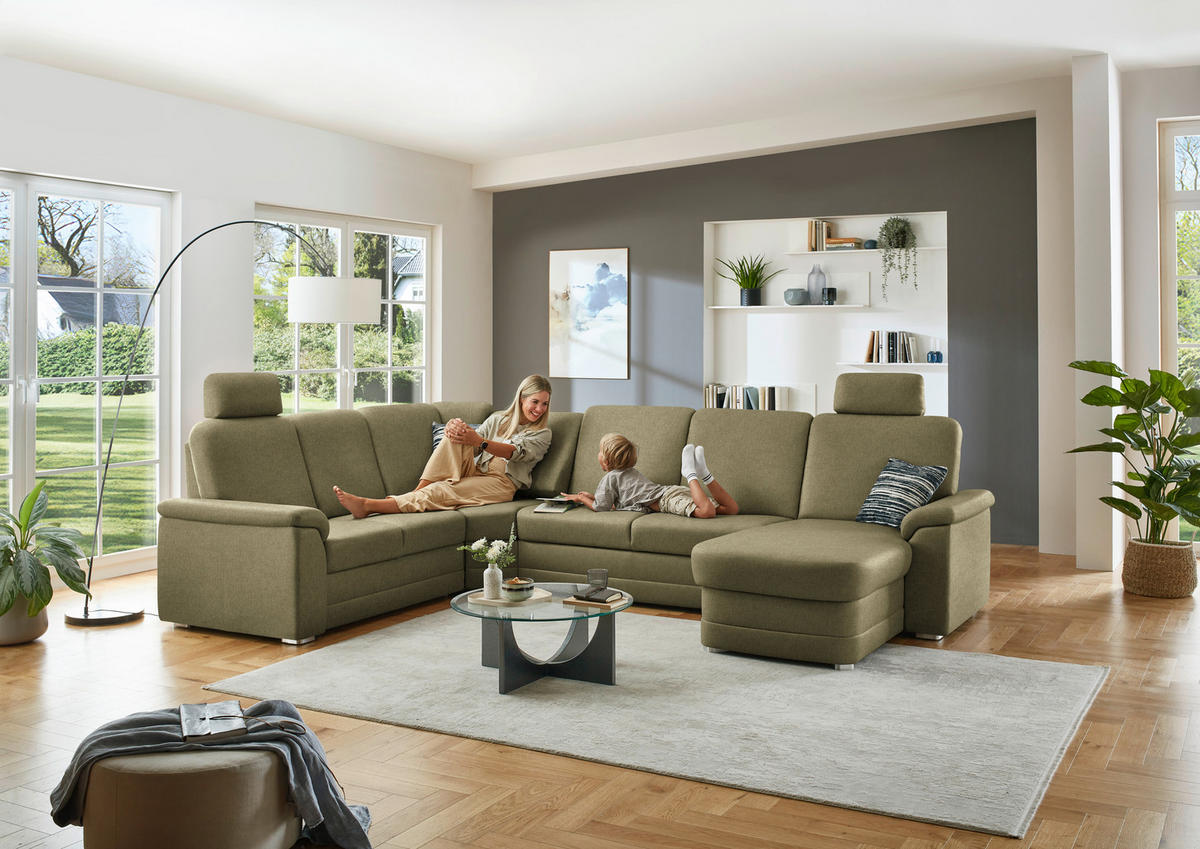 WOHNLANDSCHAFT  in Chenille Schilfgrün  - Schilfgrün/Alufarben, KONVENTIONELL, Holz/Textil (235/329/160cm) - Beldomo Comfort