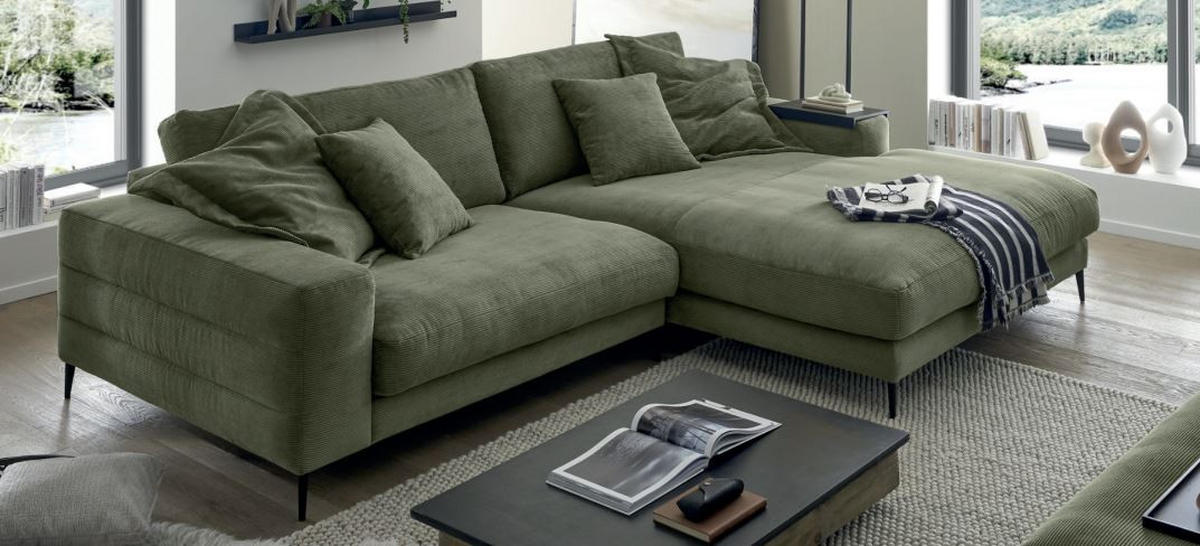 ECKSOFA in Feincord Olivgrün  - Schwarz/Olivgrün, Design, Textil/Metall (293/207cm) - Dieter Knoll