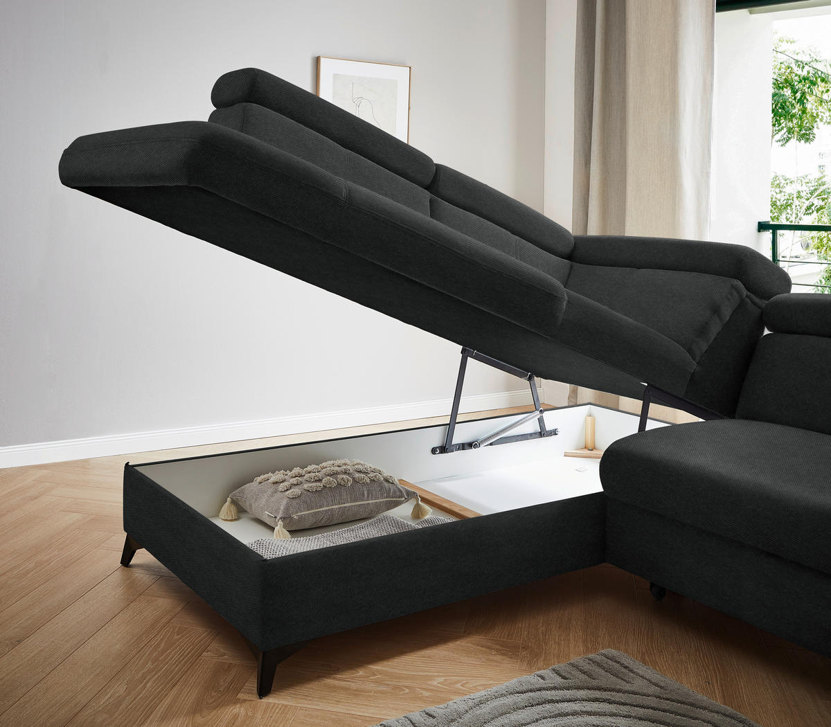 ECKSOFA in Webstoff Anthrazit  - Anthrazit/Schwarz, Design, Textil/Metall (203/260cm) - Stylife