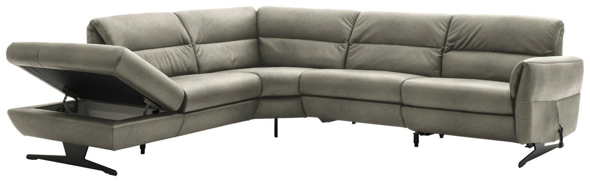 ECKSOFA Hellgrau Echtleder  - Hellgrau/Schwarz, Design, Leder/Metall (258/286cm) - Schöner Wohnen