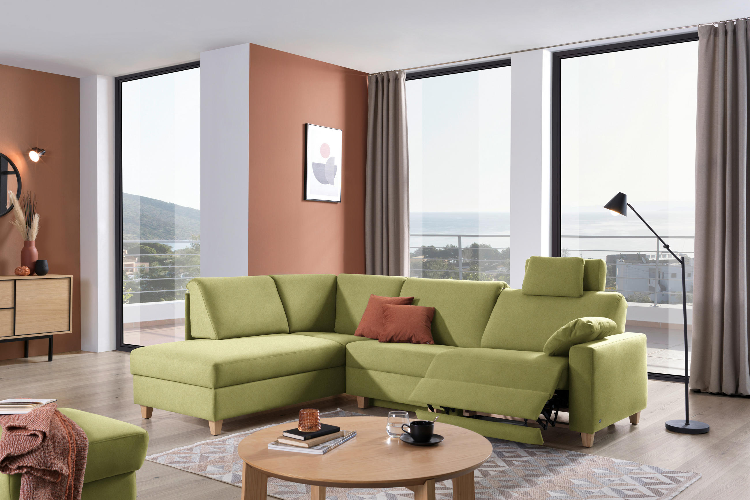 ECKSOFA in Flachgewebe Hellgrün  203/261 cm  - Eichefarben/Hellgrün, KONVENTIONELL, Holz/Textil (203/261cm) - Sedda