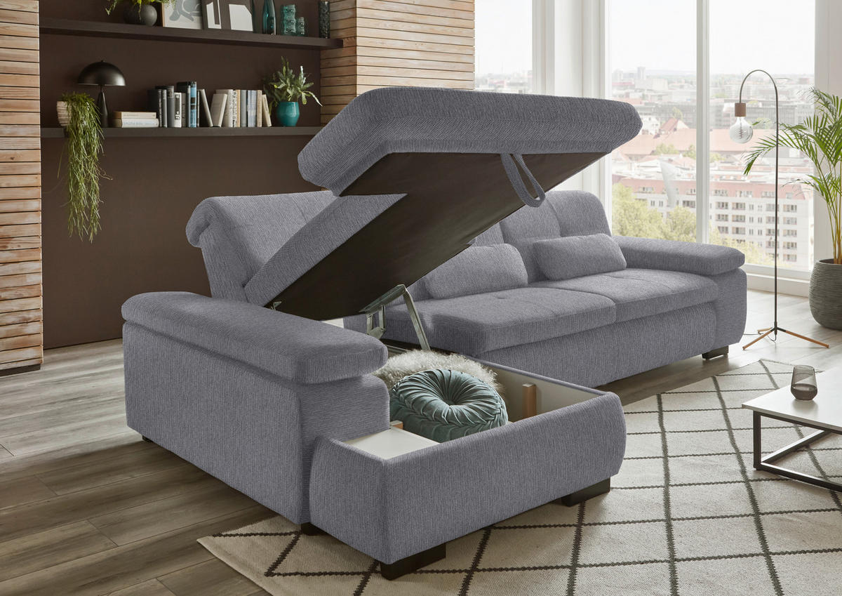 ECKSOFA in Flachgewebe Grau  - Schwarz/Grau, Design, Textil/Metall (174/297cm) - Beldomo Style