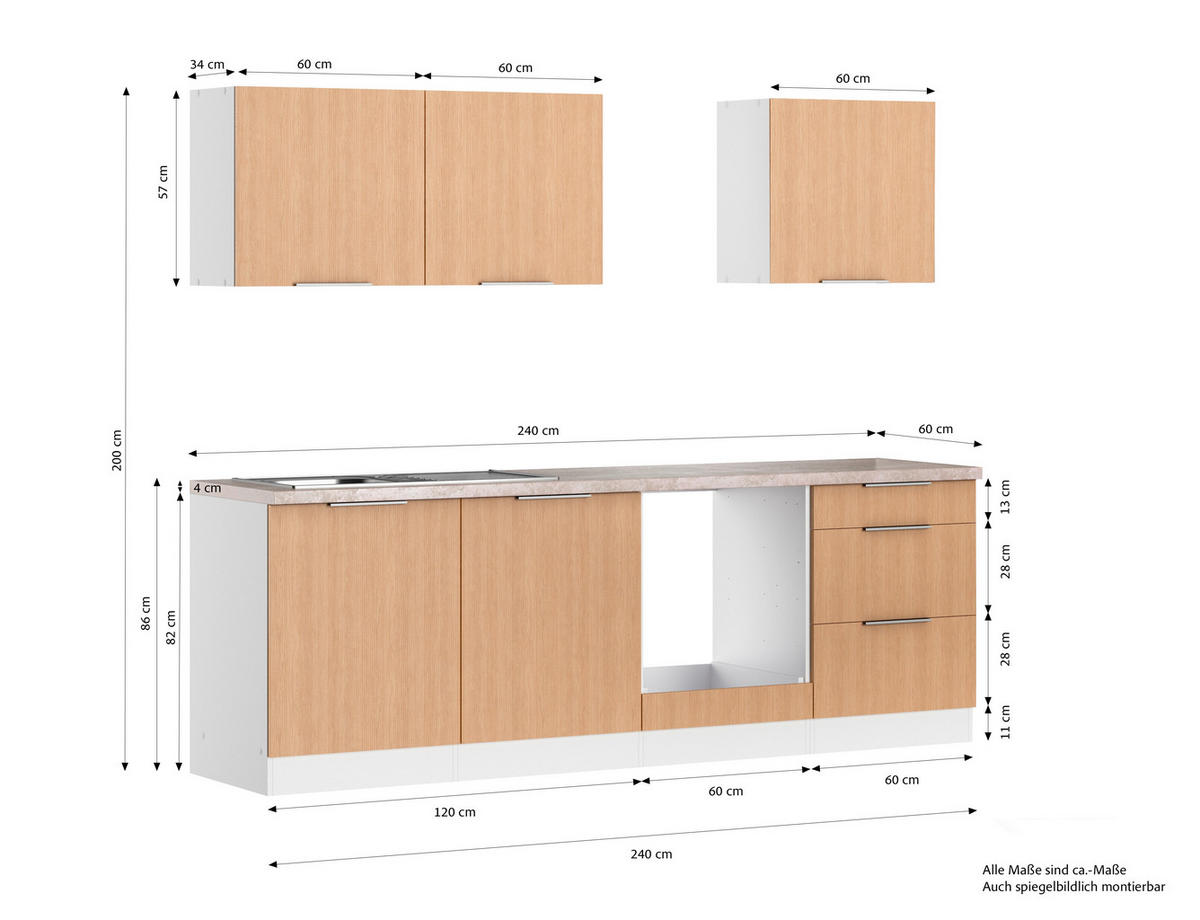 KÜCHENLEERBLOCK 240 cm   in Weiss, Eichefarben  - Weiss/Eichefarben, Lifestyle, Holzwerkstoff/Metall (240cm) - Held