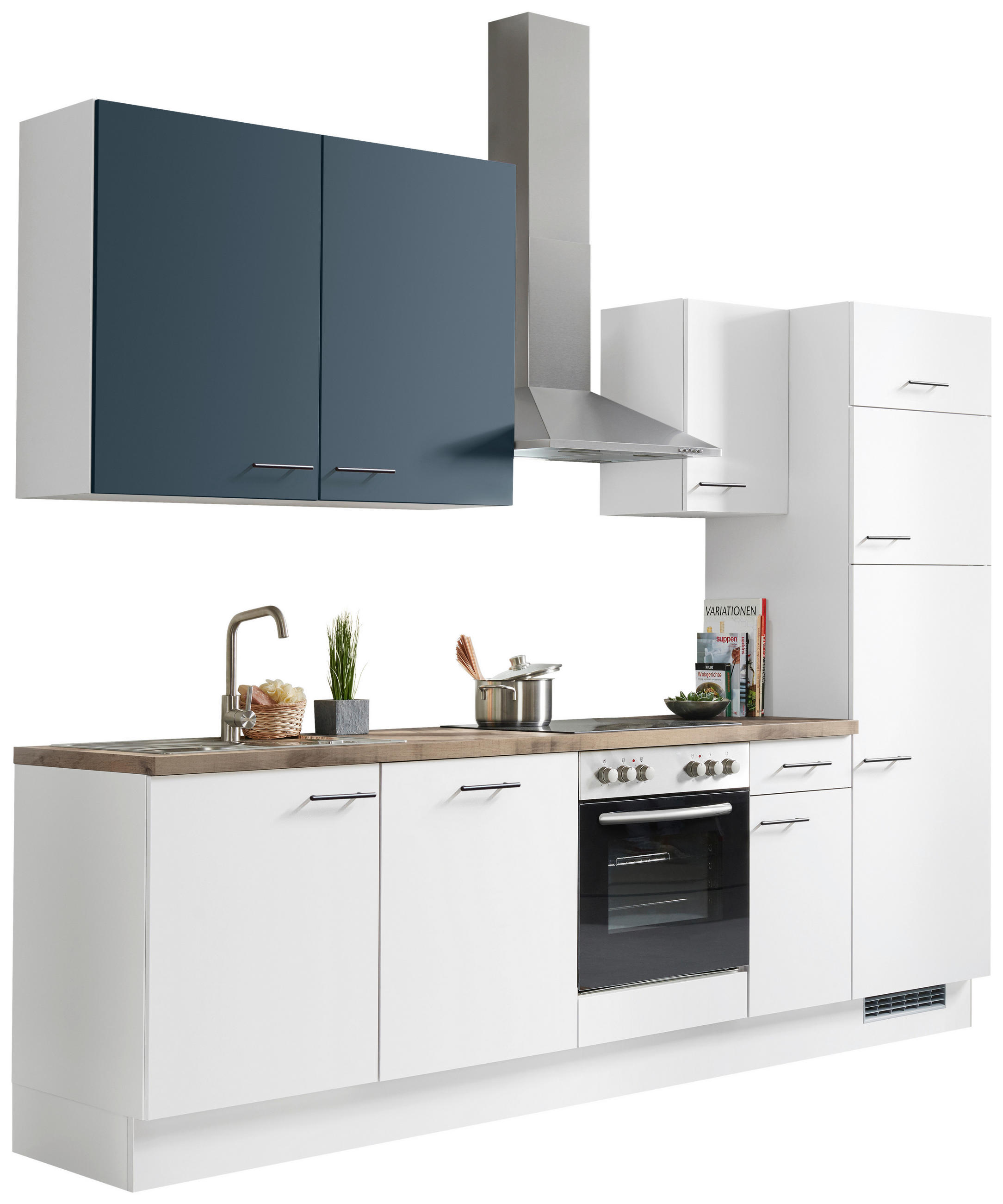 KÜCHENBLOCK 280 cm   in Eichefarben, Hellgrau, Dunkelblau  - Eichefarben/Hellgrau, Basics, Holzwerkstoff/Metall (280cm) - Impuls