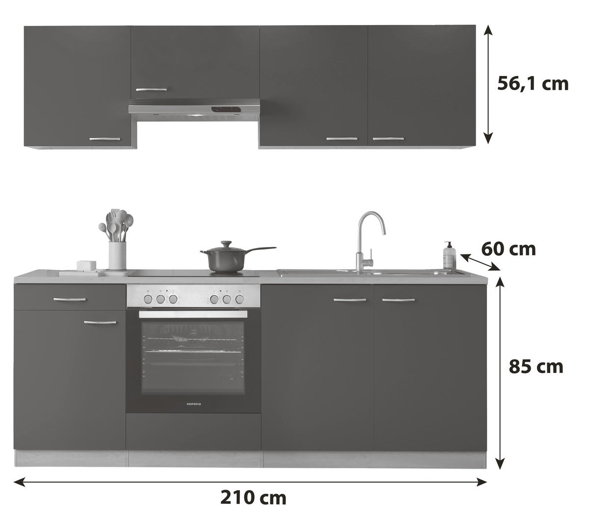 KUHINJSKI BLOK - siva/barve aluminija, Basics, umetna masa/leseni material (210cm) - Respekta