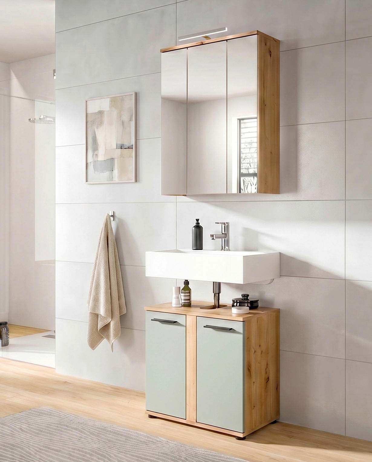 BADEZIMMER 3-teilig  in 60 cm  - Salbeigrün/Schwarz, Trend, Glas/Holzwerkstoff (60cm) - MID.YOU