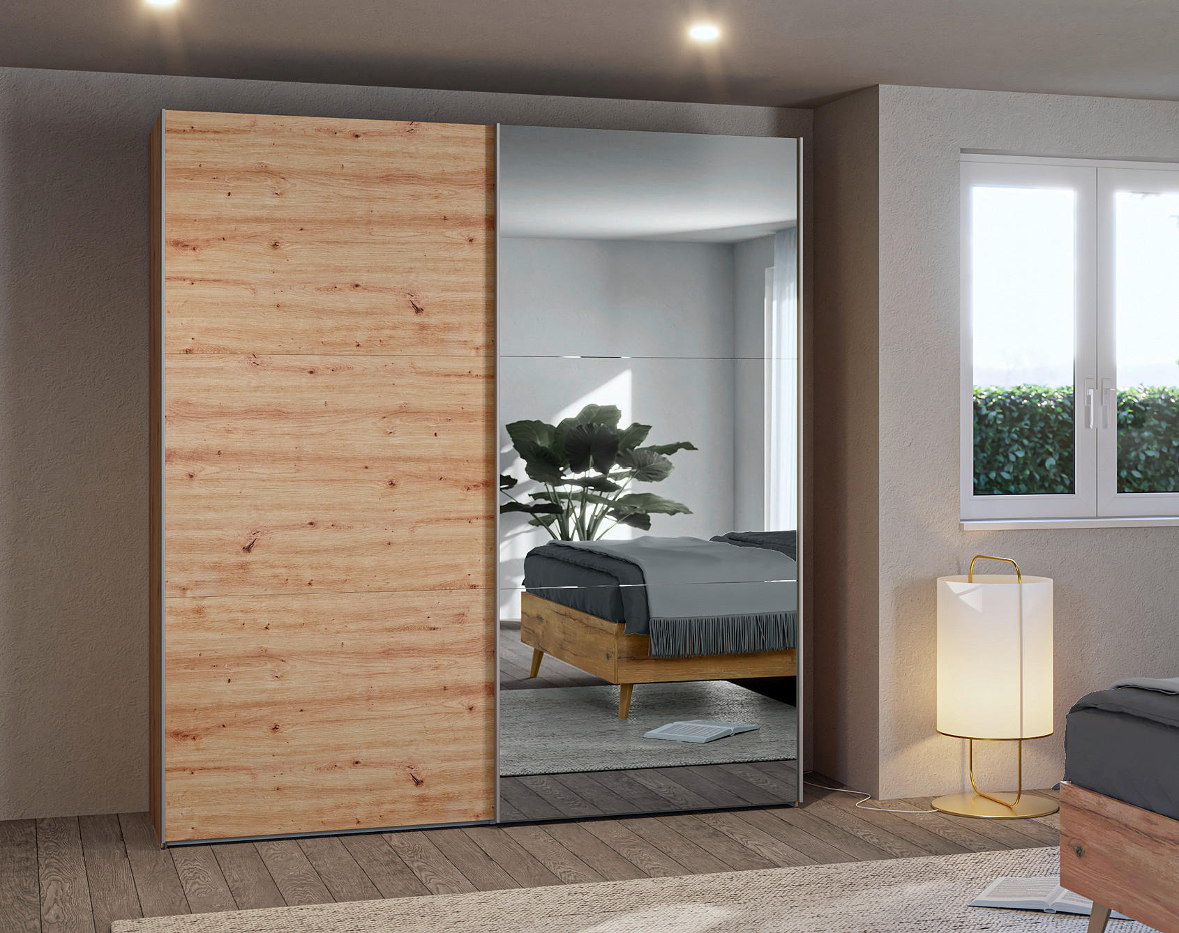 SCHWEBETÜRENSCHRANK 203/220/65 cm 2-türig Eiche Artisan  - Silberfarben/Eiche Artisan, KONVENTIONELL, Glas/Holzwerkstoff (203/220/65cm) - Boxxx