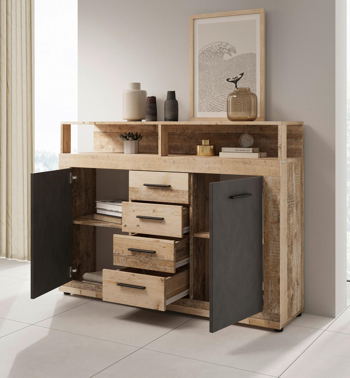 KOMMODE  in 119/96/32 cm  - Eichefarben/Anthrazit, Design, Holzwerkstoff/Kunststoff (119/96/32cm) - MID.YOU