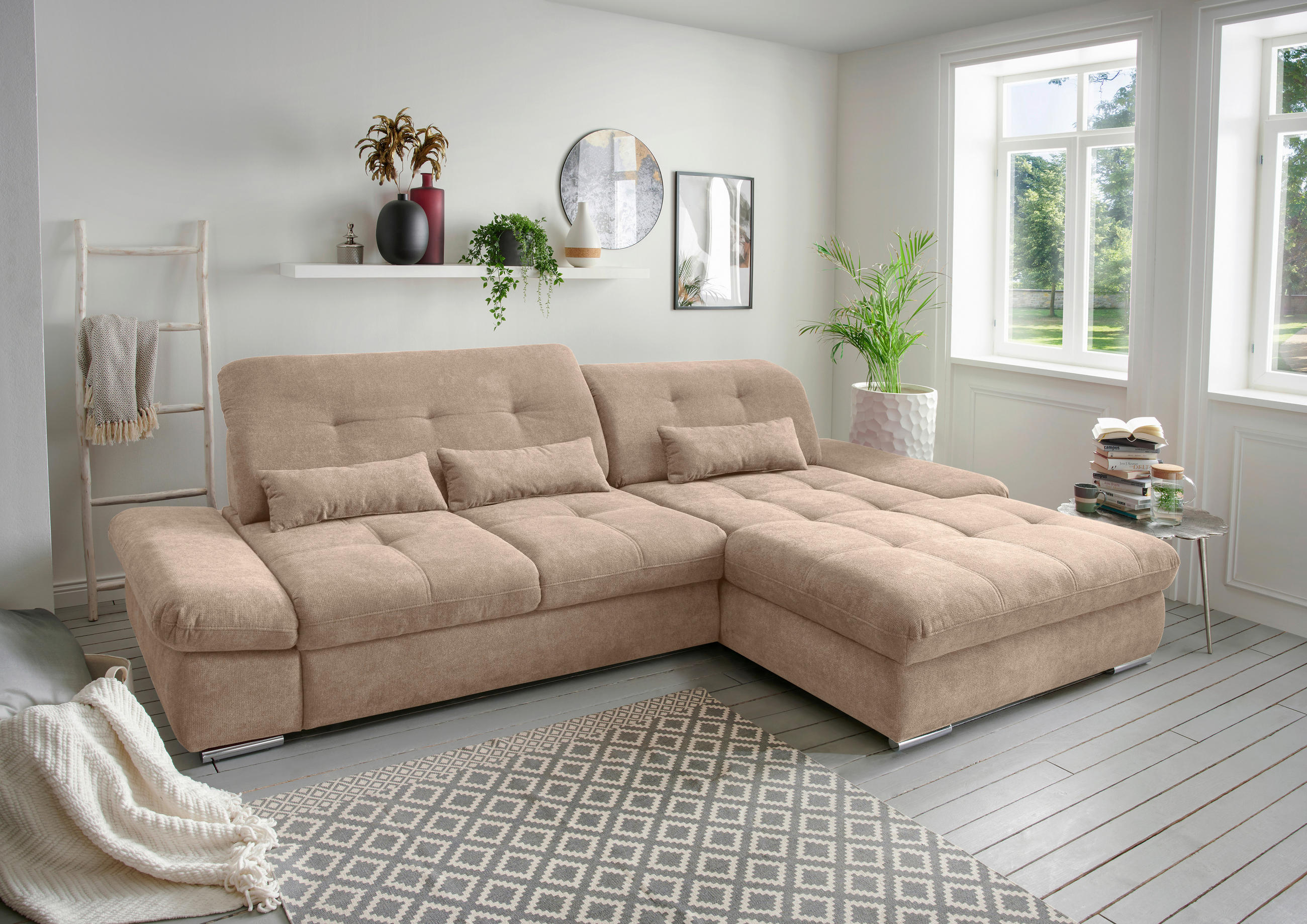 ECKSOFA in Chenille Hellbraun - Chromfarben/Hellbraun, Modern, Textil/Metall (300/196cm) - Livetastic