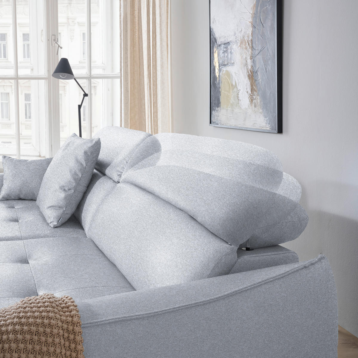 ECKSOFA Flachgewebe Hellgrau  - Hellgrau/Schwarz, Design, Textil/Metall (246/175cm) - Celina