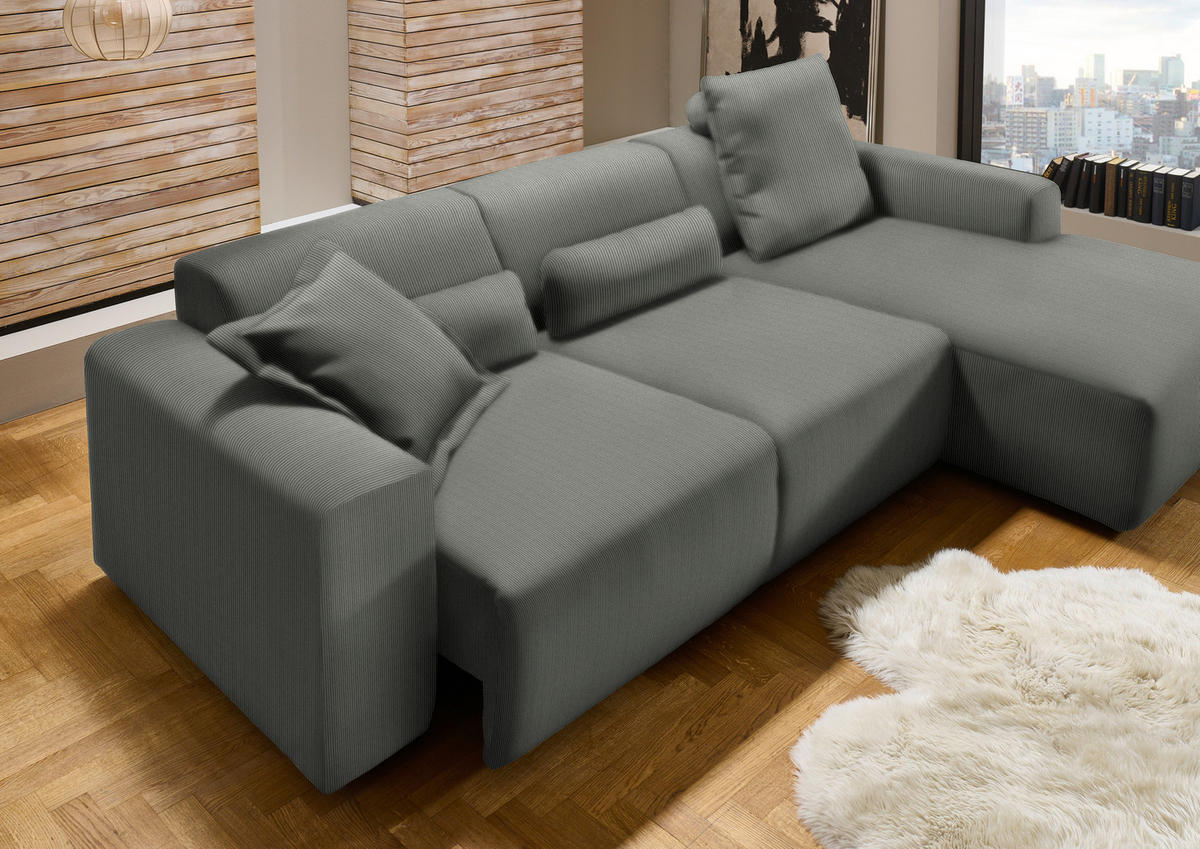 ECKSOFA in Feincord Grau  - Schwarz/Grau, Design, Kunststoff/Textil (301/177cm) - Beldomo Style