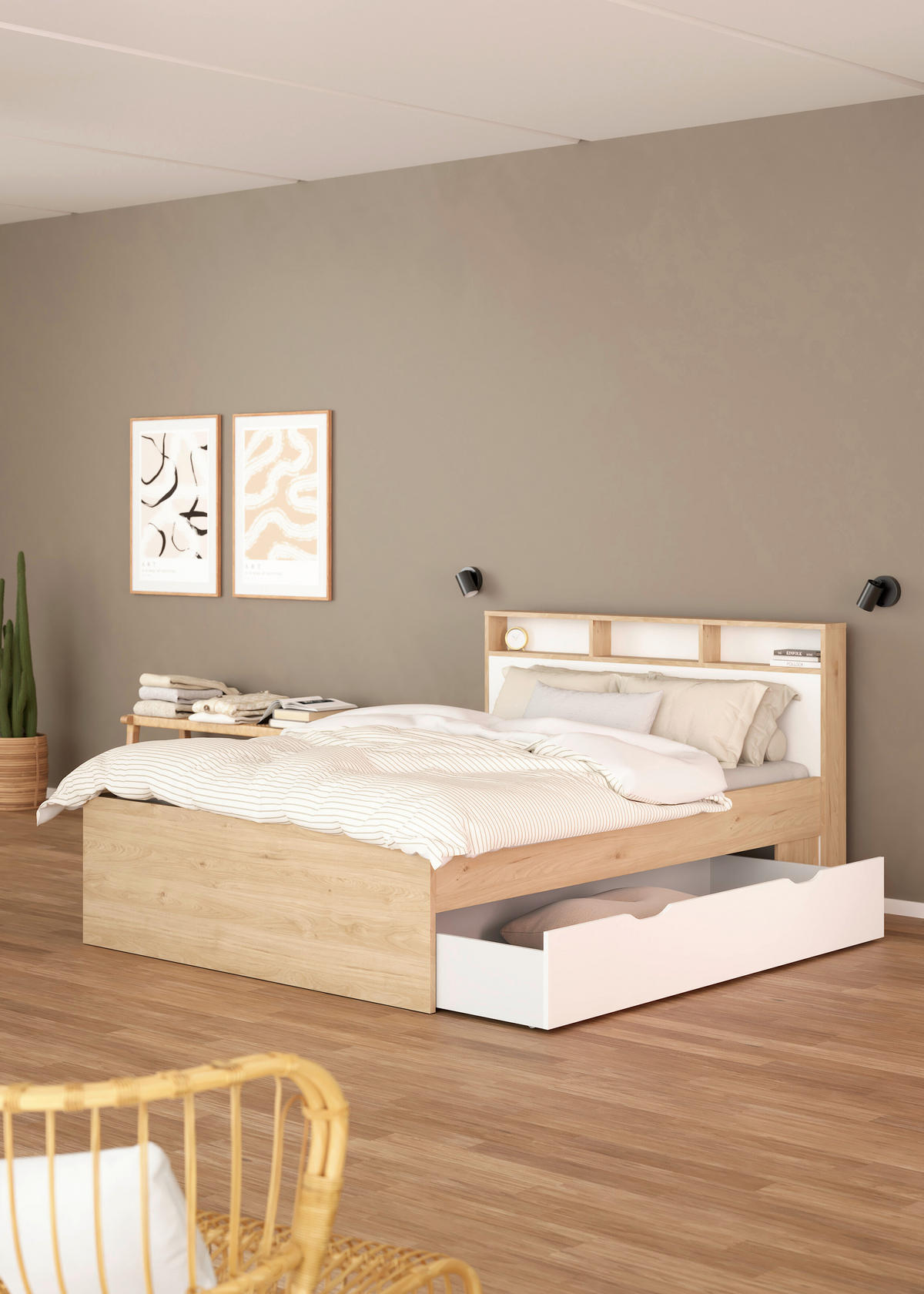 POSTEĽ S ÚLOŽNÝM PRIESTOROM, 140/200 cm biela, farba duba - biela/farba duba, Modern, kompozitné drevo (140/200cm) - MID.YOU