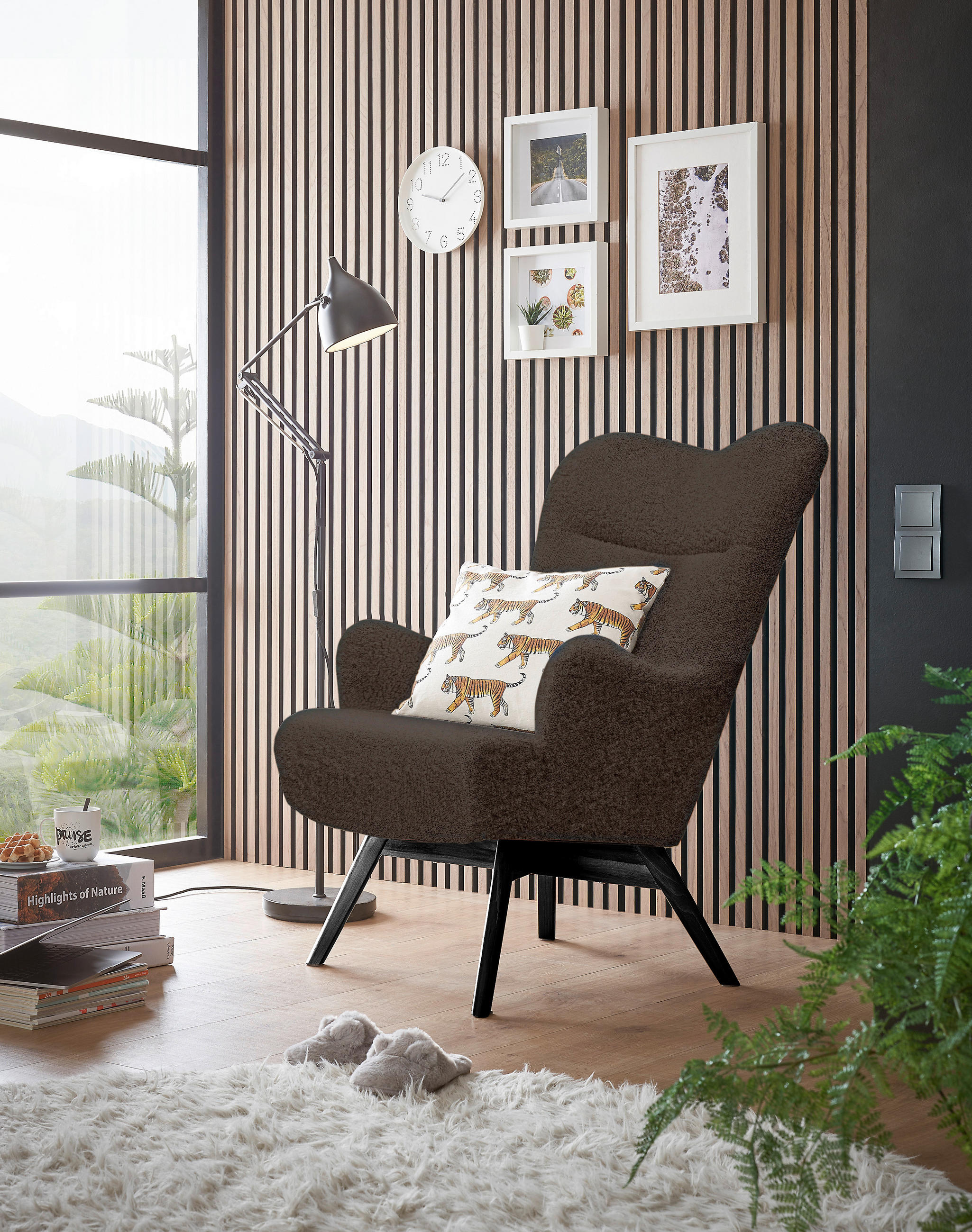 OHRENSESSEL in Teddystoff Braun, Schwarz  - Schwarz/Braun, Design, Holz/Holzwerkstoff (80/106/100cm) - MID.YOU