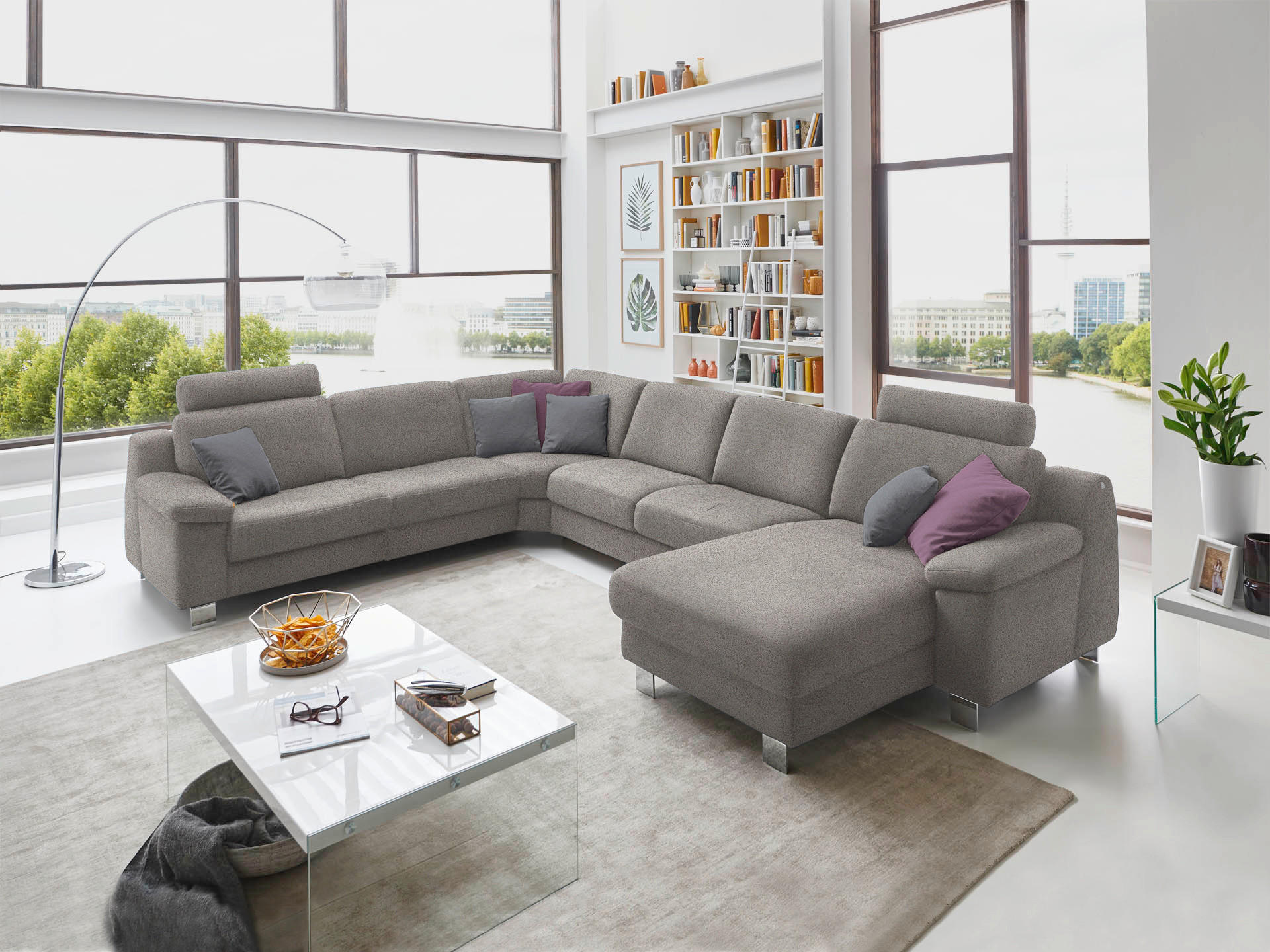 WOHNLANDSCHAFT in Mikrofaser Hellgrau  - Chromfarben/Hellgrau, Design, Textil/Metall (278/364/166cm) - Valdera