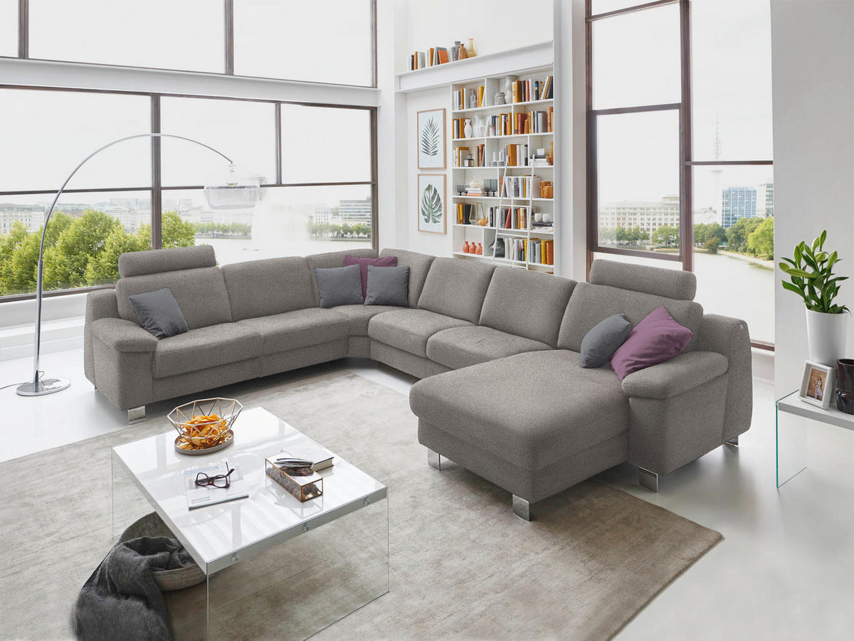 WOHNLANDSCHAFT in Mikrofaser Hellgrau  - Chromfarben/Hellgrau, Design, Textil/Metall (278/364/166cm) - Valdera