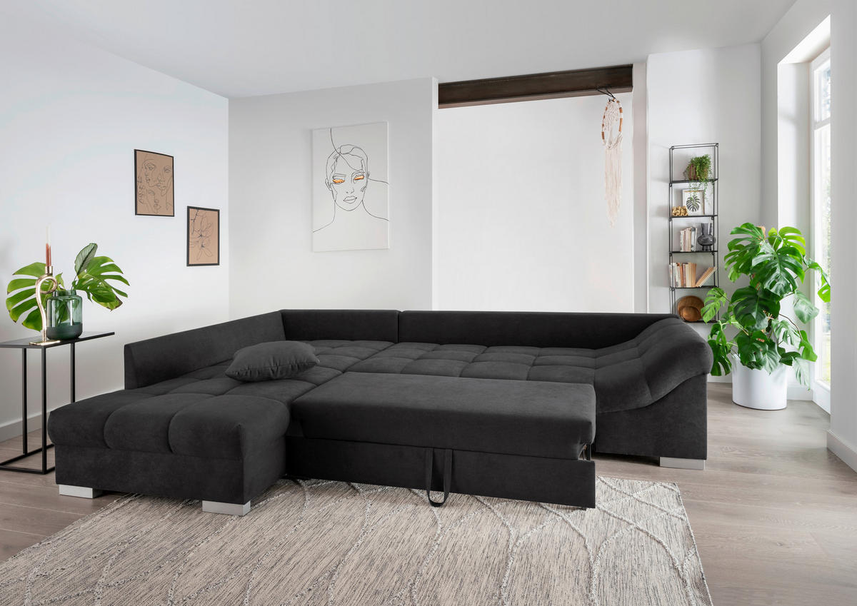 ECKSCHLAFSOFA Schwarz Mikrofaser  - Silberfarben/Schwarz, Design, Holz/Textil (202/298cm) - MID.YOU