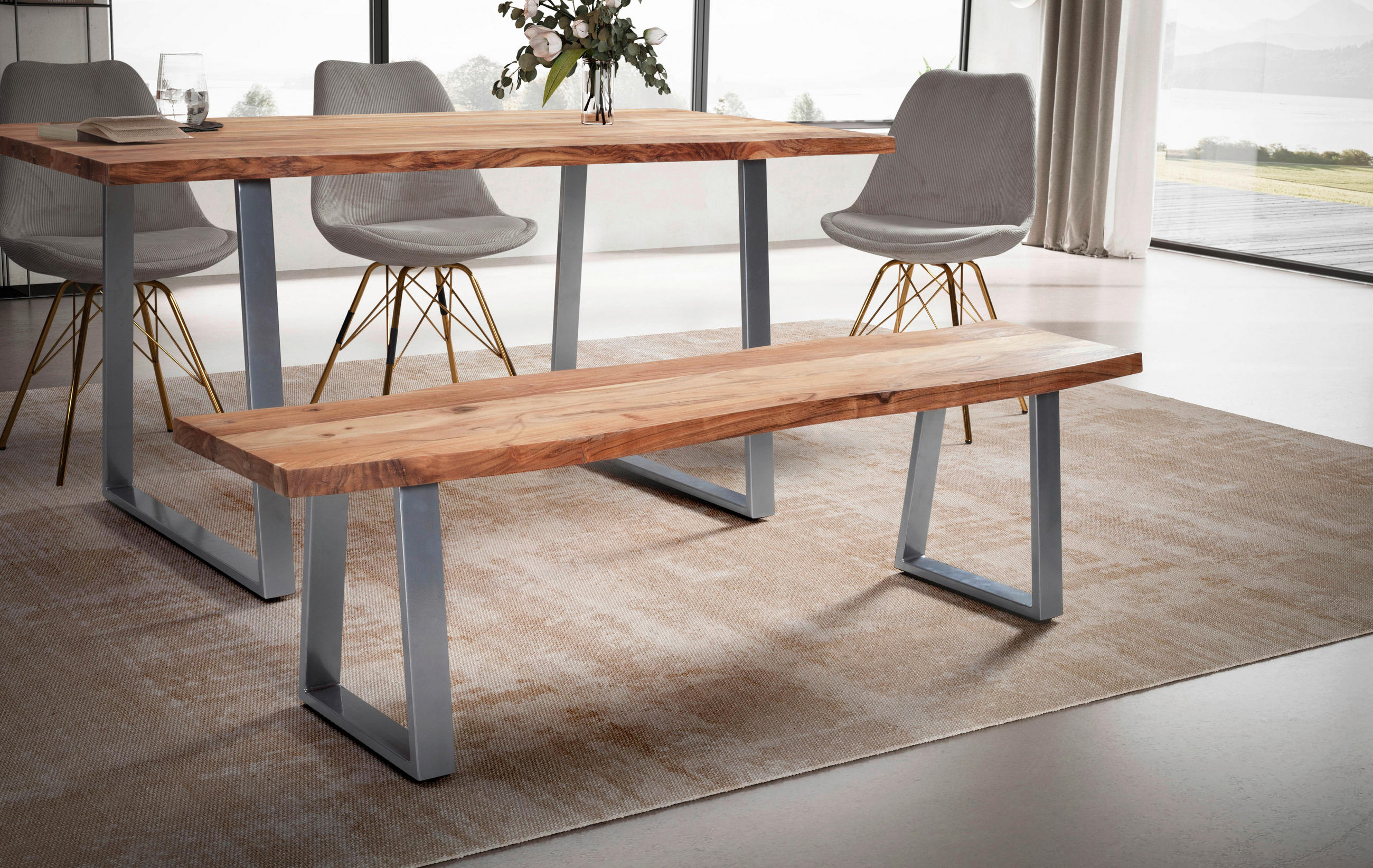 SITZBANK 180/45,5/40 cm Akaziefarben Akazie massiv Metall  - Chromfarben/Akaziefarben, MODERN, Holz/Metall (180/45,5/40cm) - MID.YOU