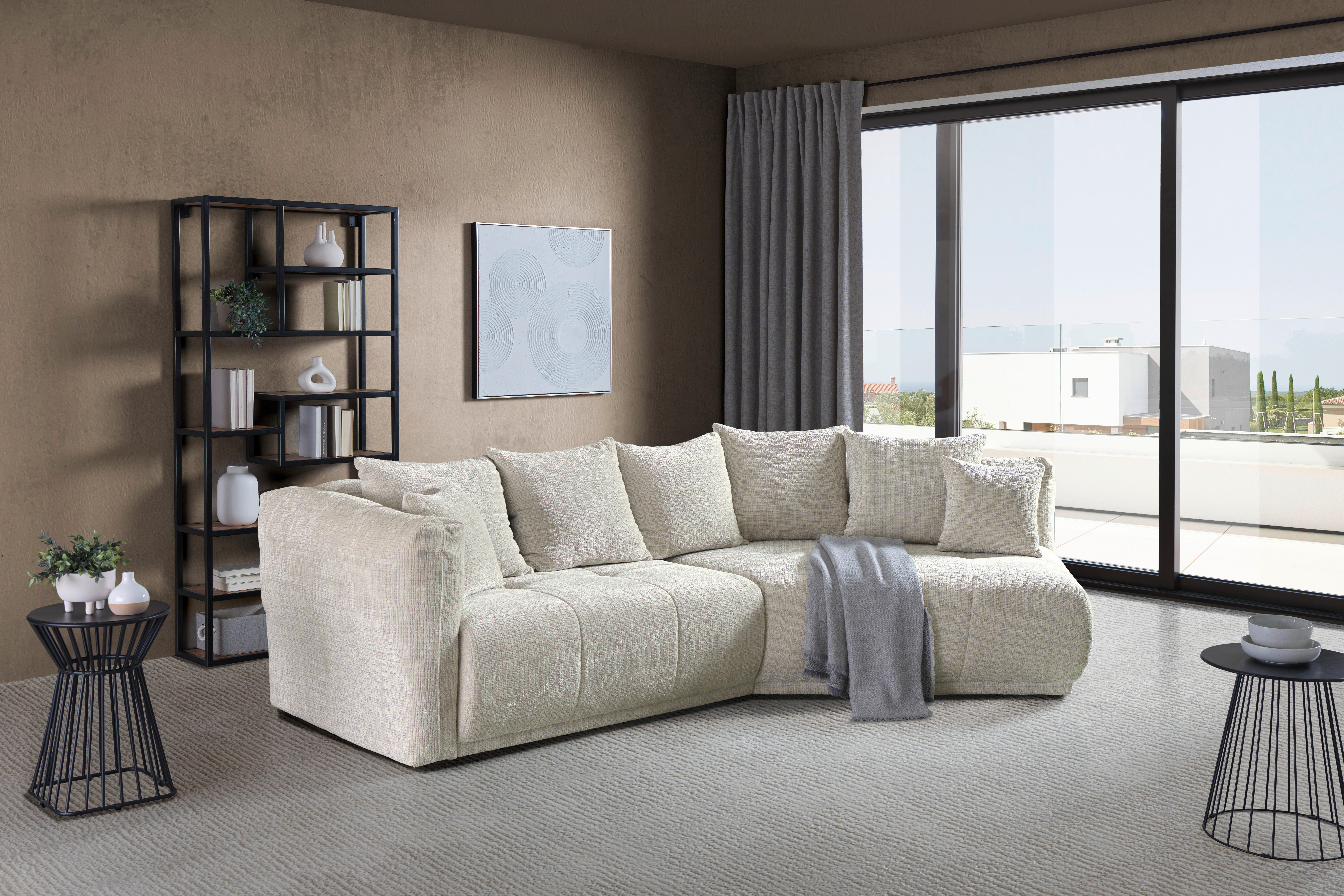 ECKSOFA in Chenille Creme  - Creme/Schwarz, Modern, Kunststoff/Textil (315/180cm) - Hom`in