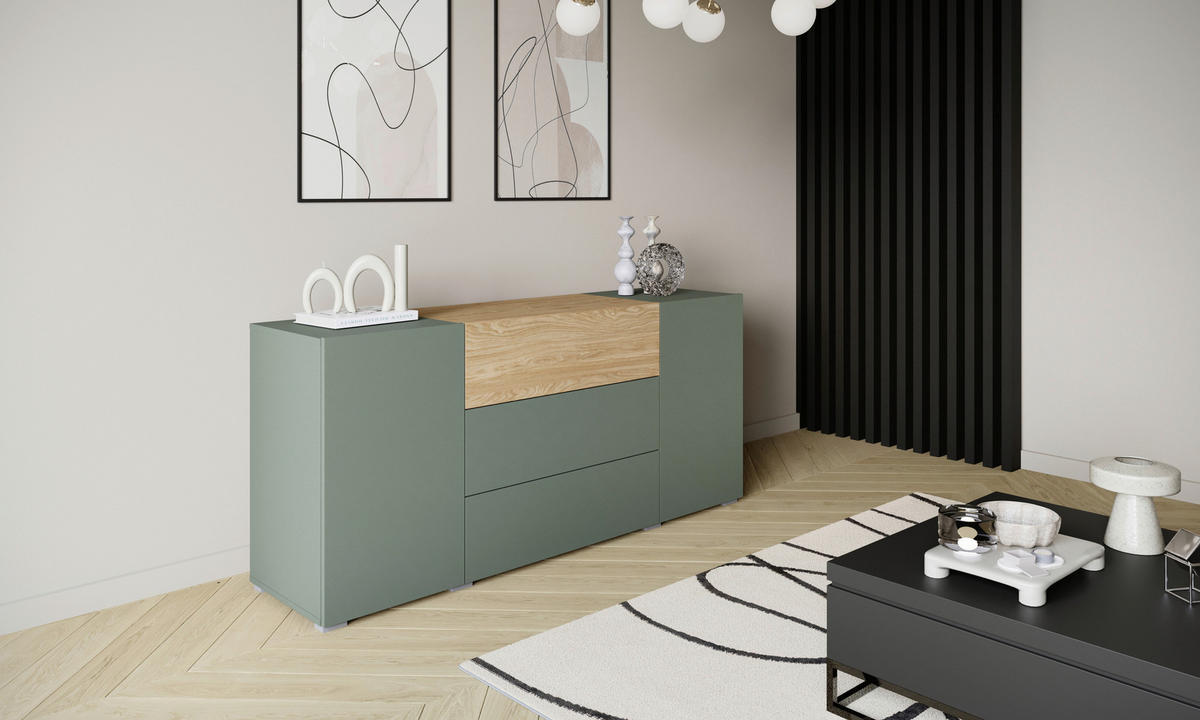 SIDEBOARD Berlin 150/68/38,5 cm 3 låda(or)  - grå/salviagrön, Design, trämaterial/plast (150/68/38,5cm) - P & B