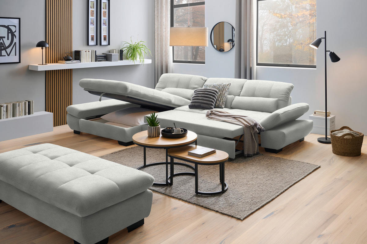 ECKSOFA  in Flachgewebe Weiß  204/341 cm  - Schwarz/Weiß, Design, Textil/Metall (204/341cm) - Xora