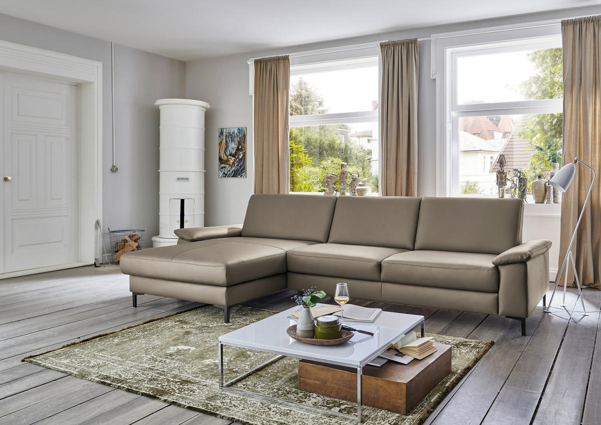 ECKSOFA in Echtleder Graubraun  - Graubraun/Schwarz, Design, Leder/Metall (176/334cm) - Dieter Knoll